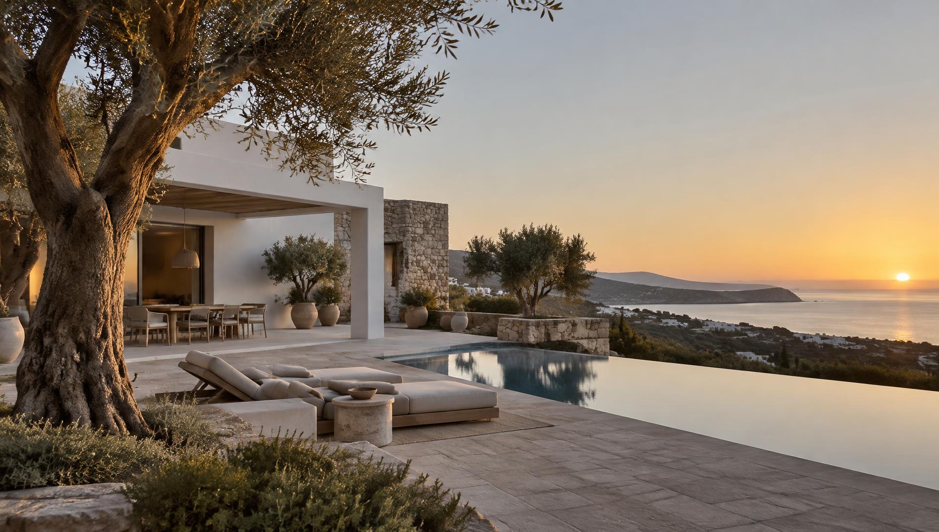Well-maintained villa with pool in Cyprus at sunset